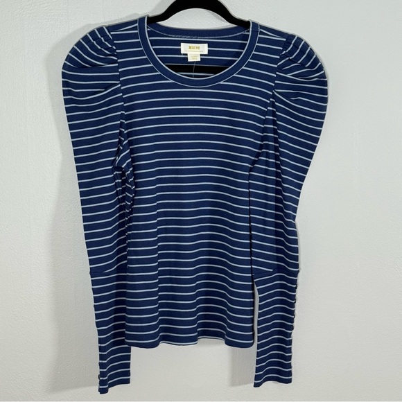 Maeve Anthropologie NWT Puff Sleeve Ribbed Striped Top Navy/Sky Blue Sz L - Picture 2 of 6